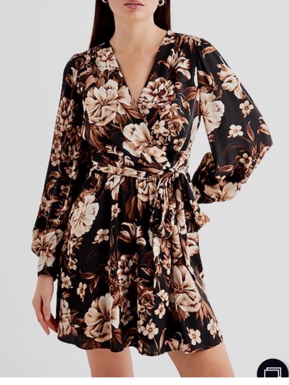 Express Floral Surplice Long Sleeve Tie Waist Mini Dress || Black Floral || M
